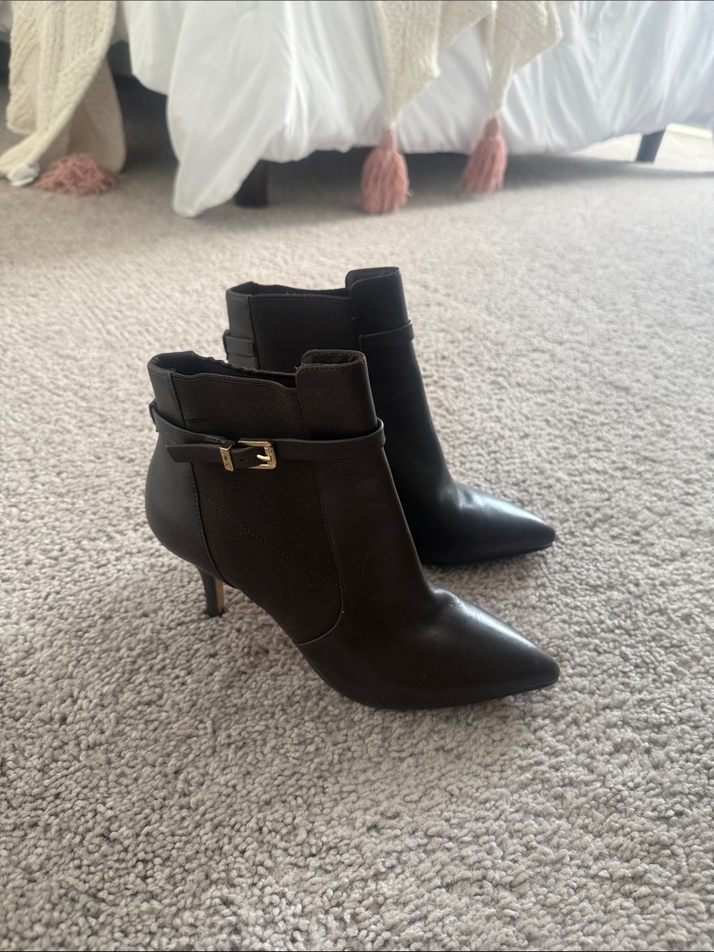 Michael Kors Brown Pointed Leather Ankle Booties with Gold Buckle